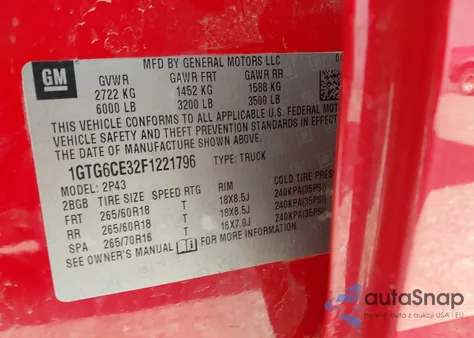 2015 GMC Canyon Slt from USA, damaged, VIN 1GTG6CE32F1221796
